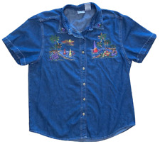 Camisa jeans azul vintage Bobbie Brooks bordada ilha veleiro palmeiras GG comprar usado  Enviando para Brazil