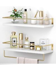 White Floating Shelves with Golden Towel Rack - Set of 2 Wall Mounted Hanging, used for sale  Shipping to South Africa