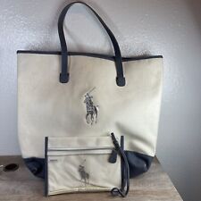 Polo Ralph Lauren Tote Canvas Handbag & Wristlet Beige Cream Large 18” x 16” for sale  Shipping to South Africa