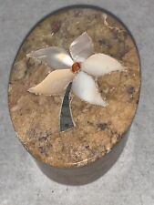 Carved Brown SOLID MARBLE  Granite TRINKET BOX with LID Mother of Pearl FLOWER for sale  Shipping to South Africa