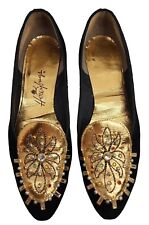 Usado, Sapato SlipOn Feminino Honeybugs Preto Veludo Dourado Enfeitado Tamanho 9-9.5 Antigo Anos 60 comprar usado  Enviando para Brazil