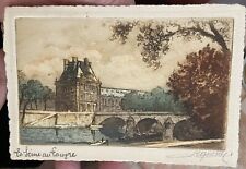 SIGNED ca.1920 French Small Color Engraving: LOUVRE MUSEUM & Siene River Scene for sale  Shipping to South Africa