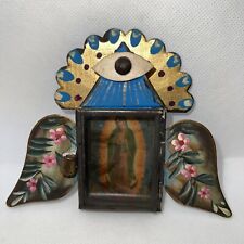 Vintage Tin nicho santuario de papel pintado a mano arte Popular Virgen Guadalupe MEXICO segunda mano  Embacar hacia Spain