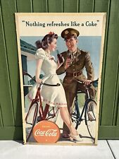 Vtg 1943 WWII Coca Cola "Nothing Refreshes Like A Coke" Litho Cardboard Sign 50" for sale  Shipping to South Africa