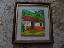 Vtg Mini Burlap Matted & Framed Painting Casa do telhado de azulejos em Hill Rodas assinado # comprar usado  Enviando para Brazil