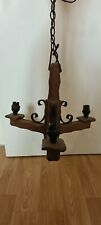Antique Rustic Gothic 3 Arm Wood & Wrought Iron Chandelier Light for sale  Shipping to South Africa
