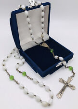 Vintage Rosary Signed Roma Milk Glass & Green Crystal Beads Silver Tone Crucifix, used for sale  BLAENAU FFESTINIOG