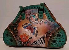 Bolsa de mão de couro Anuschka floral borboleta pintada à mão azul-petróleo bronzeado bronze gramas  comprar usado  Enviando para Brazil