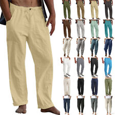 Cotton Linen Mens Drawstring Elasticated Summer Gym Beach Loose Pants Trousers for sale  UK