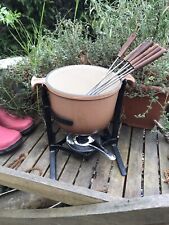 Vintage Le Creuse Cast Iron Enamel Fondue Pot Set mama mara light brown french, used for sale  Shipping to South Africa
