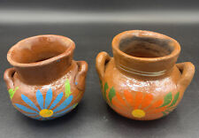 Set of 2 Mexican Floral Mini Clay Pottery Cups Planters Blue Orange Flowers, used for sale  Shipping to Canada
