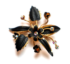 Vintage Austrian AB Crystal Brooch Gold Tone Black Enamel Paint Flower Leaves, used for sale  Shipping to South Africa