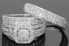 Used, 14K White Gold Fn Wedding Diamond Trio His & Her Bridal Band Engagement Ring Set for sale  Shipping to South Africa