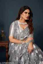 Used, Traditional Women's Silver Foil Print Bollywood Design Party wear Lycra Saree. for sale  Shipping to South Africa