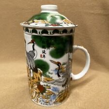 Taza infusora de té de 3 piezas con tapa grúas de cerámica aves Feng Shui longevidad gracia+ segunda mano  Embacar hacia Argentina