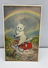 A/S Molly Brett, gato blanco en triciclo, rana, arco iris, ca 1950 sin publicar segunda mano  Embacar hacia Argentina