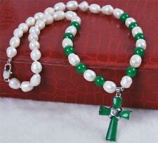 Long 24" 7-8mm Rice White Pearl / Round Green Jade Beads Cross Pendant Necklace for sale  Shipping to South Africa