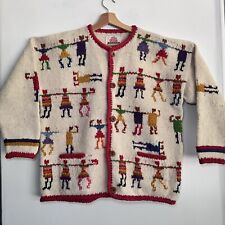 Vintage Amano Chunky Handknit Bolivia Wool Cardigan People Holding Hands Size L, used for sale  Shipping to South Africa