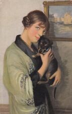 Woman holding a Dachshund Dog Puppy Old Postcard signed Cecile Morgand for sale  Shipping to South Africa
