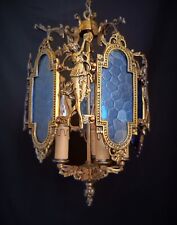 Antique Ceiling Venus Light Pendant Lamp Vintage French Solid Brass Blue Glass for sale  Shipping to South Africa