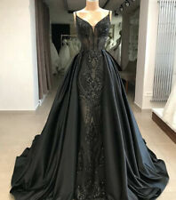 Gorgeous Mermaid Gothic Black Wedding Dress Detachable V Neck Satin Bridal Gown for sale  Shipping to South Africa