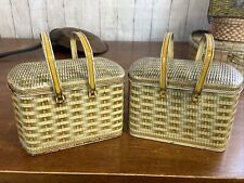 VINTAGE METAL TINS WOVEN WEAVE PATTERN PICNIC BASKETS W/HANDLES  small PAIR for sale  Shipping to South Africa