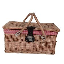 Wicker Rattan Picnic Basket Gingham Lined Red White Faux Leather Latch 7.5x14.5 for sale  Shipping to South Africa