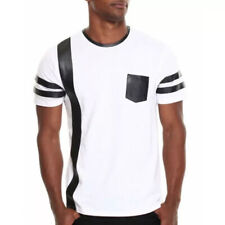 T-Shirt Stylish Casual Genuine Handmade White With Black Stripes Leather Men's for sale  Shipping to South Africa