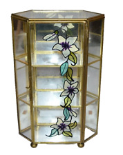 Vtg Brass & Glass Tabletop Curio Display Case W/ Floral Stained Glass Motif for sale  Shipping to South Africa