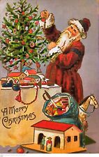 Cartão postal antigo Papai Noel decorando brinquedos de árvore de Natal e casa de madeira vermelha comprar usado  Enviando para Brazil
