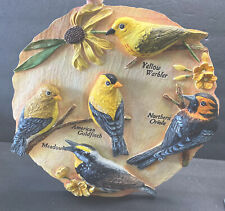 YELLOW FEATHERED FRIENDS Garden Plaque Stone Wall hanging 5 Birds  11” Diameter for sale  Shipping to South Africa