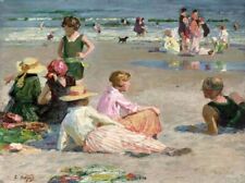 Oil painting Edward-Henry-Potthast-Manhattan-Beach happy party on beach canvas for sale  Shipping to Canada