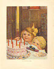 Niños, pastel de cumpleaños, decoración de cocina, estampado artístico antiguo vintage de 1922, usado segunda mano  Embacar hacia Argentina