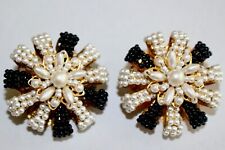 Vintage Large Black & White Bead Clip On Earrings Gold tone filigree setting for sale  PLYMOUTH