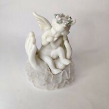 "Estatuilla de estante querubín ángel de porcelana en manos de palma blanco 4" segunda mano  Embacar hacia Argentina