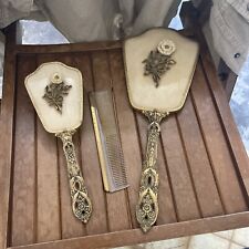 Vintage Gold Plated Hand Mirror and Hair Brush Set Floral Vanity for sale  Shipping to South Africa