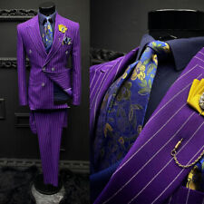 Purple Pinstripe Men's Suits Double Breasted 2 Pieces Formal Wedding Groom Wear, used for sale  Shipping to South Africa