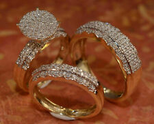 Trio de diamantes casamento nupcial dele e dela criado em anel conjunto ouro amarelo 10K por cima comprar usado  Enviando para Brazil