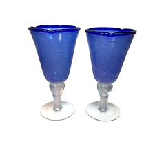 Usado, Lindos copos de vinho água azul cobalto 10 oz conjunto de vidro arte bolha soprado à mão 2 C comprar usado  Enviando para Brazil