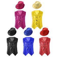 Kids Shiny Sequins Vest Hat Set Jazz Hip Hop Carnival Carnival Costume for sale  Shipping to South Africa