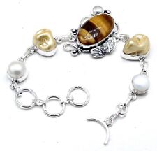 925 Sterling Silver Tiger's Eye & MOP Gemstone Jewelry Bracelet Size-7-8" for sale  Shipping to South Africa