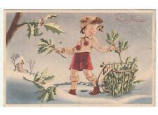 Natale bambino gerla agrifoglio paesaggio innevato cartolina d'epoca - Difetto usato  Fiumicello Villa Vicentina