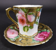 Antique Tall Demitasse Cup & Saucer Hand Painted Pink Roses & Gold Trim Japan HK for sale  Shipping to South Africa