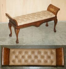 ANTIQUE DUTCH MARQUETRY INLAID CLAW & BALL FEET CHESTERFIELD BROWN LEATHER BENCH for sale  Shipping to South Africa