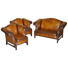 FINE ANTIQUE REGENCY HUMPBACK STYLE RESTORED BROWN LEATHER SOFA ARMCHAIR SUITE for sale  Shipping to South Africa