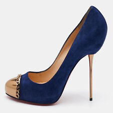 Christian Louboutin Oxford Blue Suede Metallip Chain Detail Metal Cap Toe Pumps for sale  Shipping to South Africa