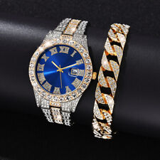 Luxury Diamond Fashion Men's Bling  Hip Hop Iced Watch & Bracelet Set for sale  Shipping to South Africa