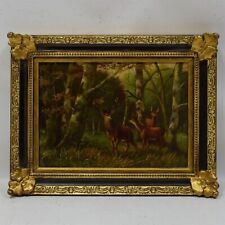 Około 1890 roku stary obraz olejny krajobraz leśny z jeleniem znak 50x40cm na sprzedaż  PL