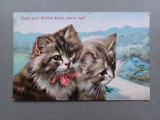 SWEET C1910s PC TWO FLUFFY TABBY CATS / KITTENS WITH BOWS - ARTIST DRAWN for sale  Shipping to South Africa