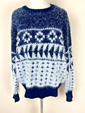 Ana Fluffy Sweater Lg Fuzzy Knit Blue White Diamond Design Faux Angora Warm Cozy for sale  Shipping to South Africa